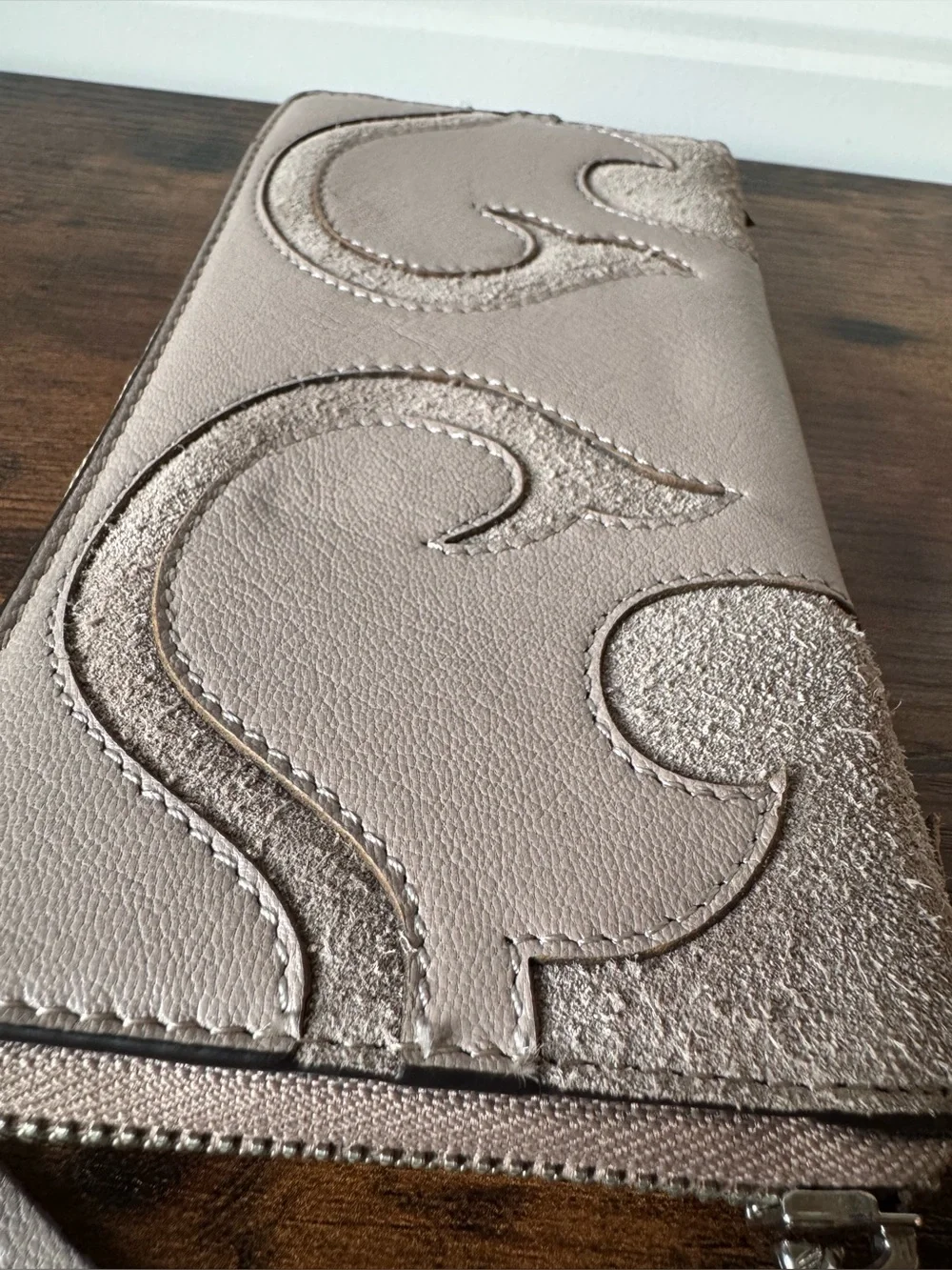 100% Genuine Leather Taupe Zip Around Wallet | Suede Scroll Design
